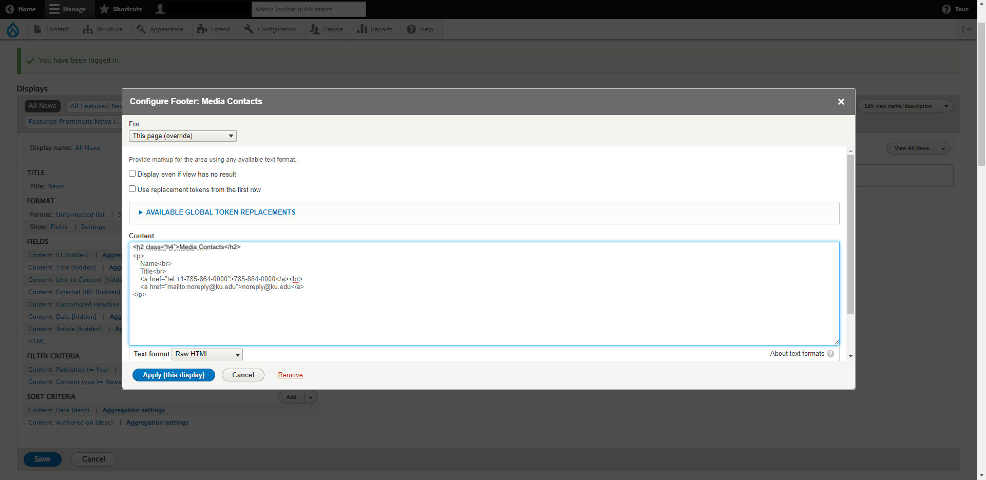 Code to replace default code